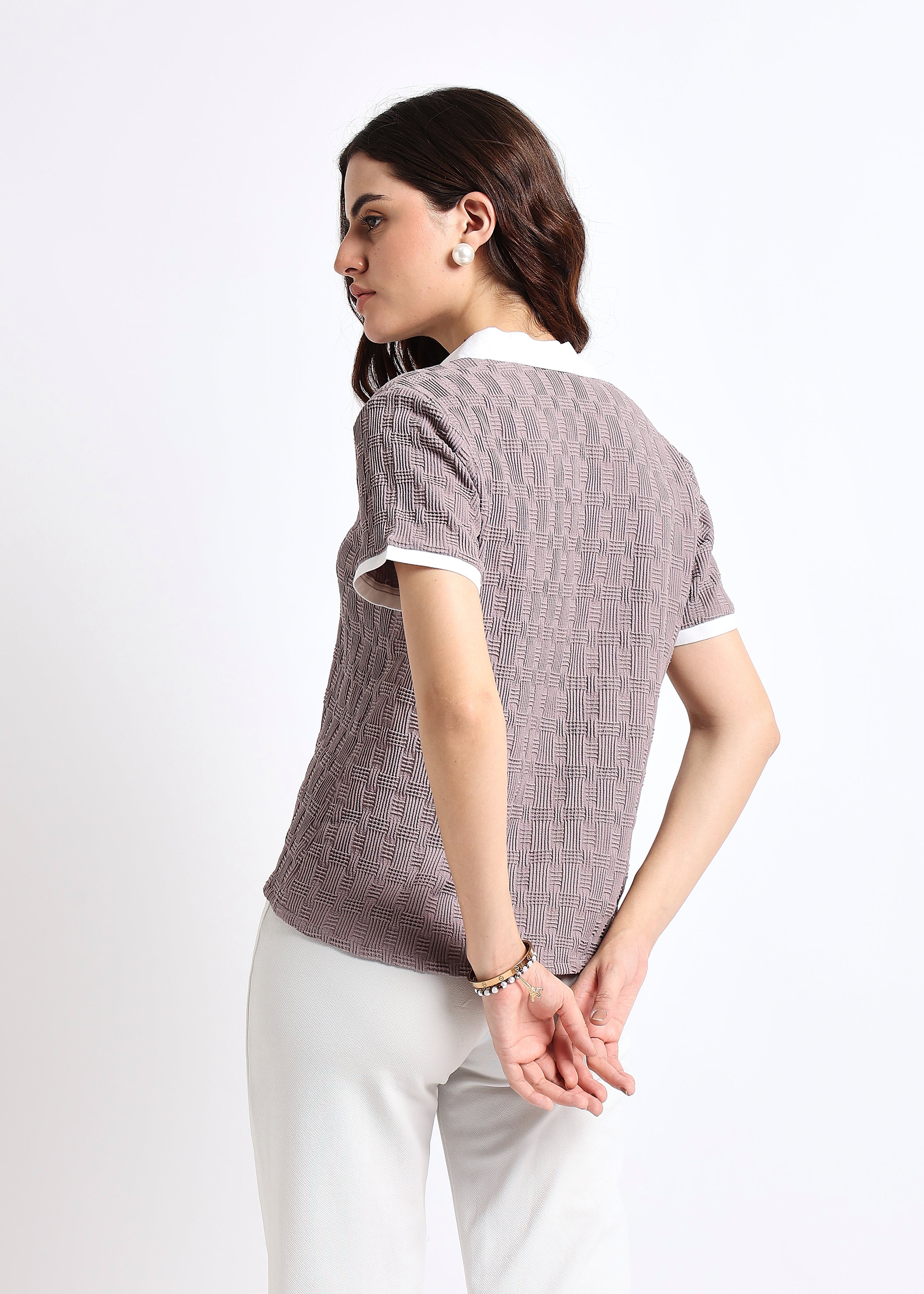 All Yours Mauve Self Design Polo Collar T-shirt Back