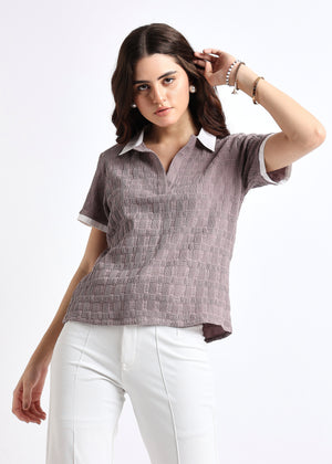 All Yours Mauve Self Design Polo Collar T-shirt Front_1
