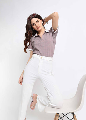 All Yours Mauve Self Design Polo Collar T-shirt Sitting
