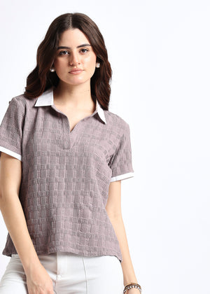 All Yours Mauve Self Design Polo Collar T-shirt Zoom