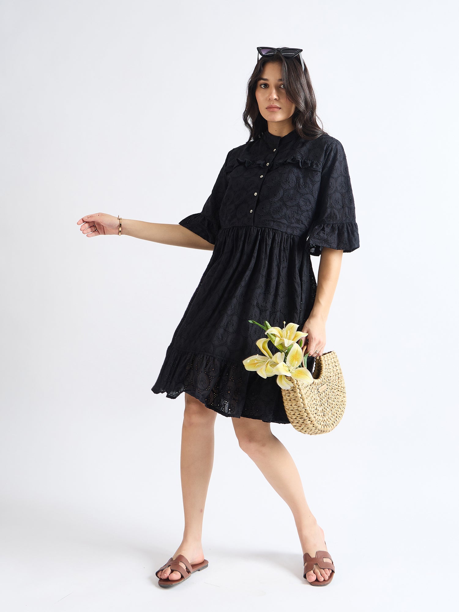 All Yours Night Black Cotton Mandarin Collar Dress Front_2