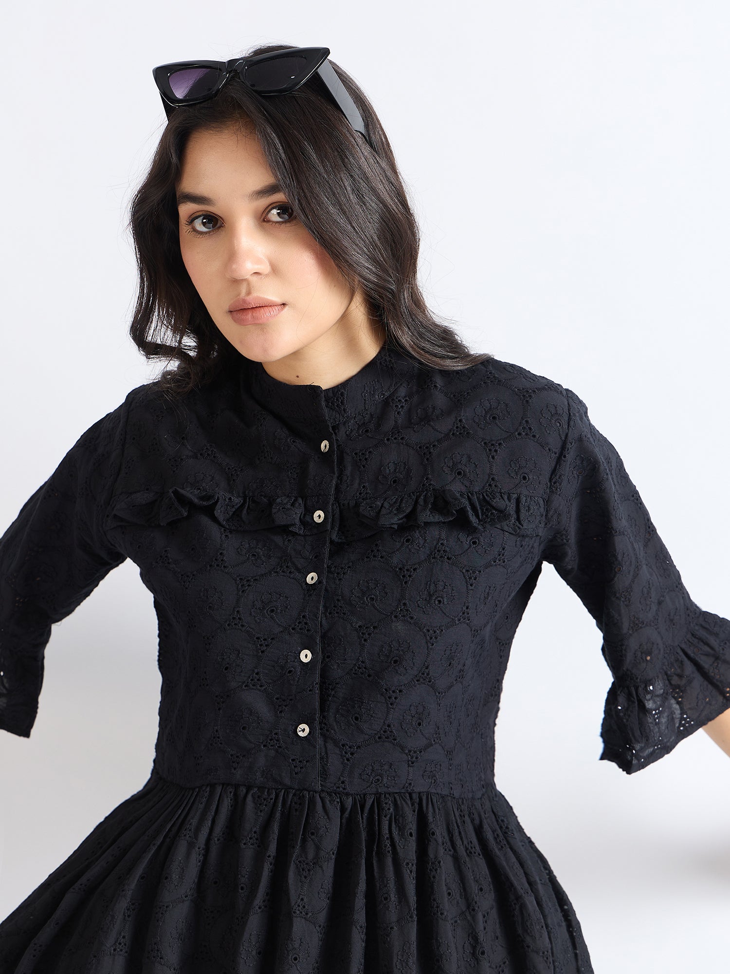 All Yours Night Black Cotton Mandarin Collar Dress Zoom