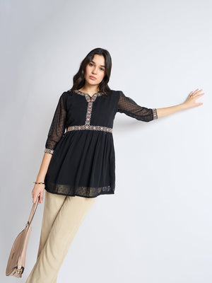 All Yours Night Black Embroidered Blouson Top Front