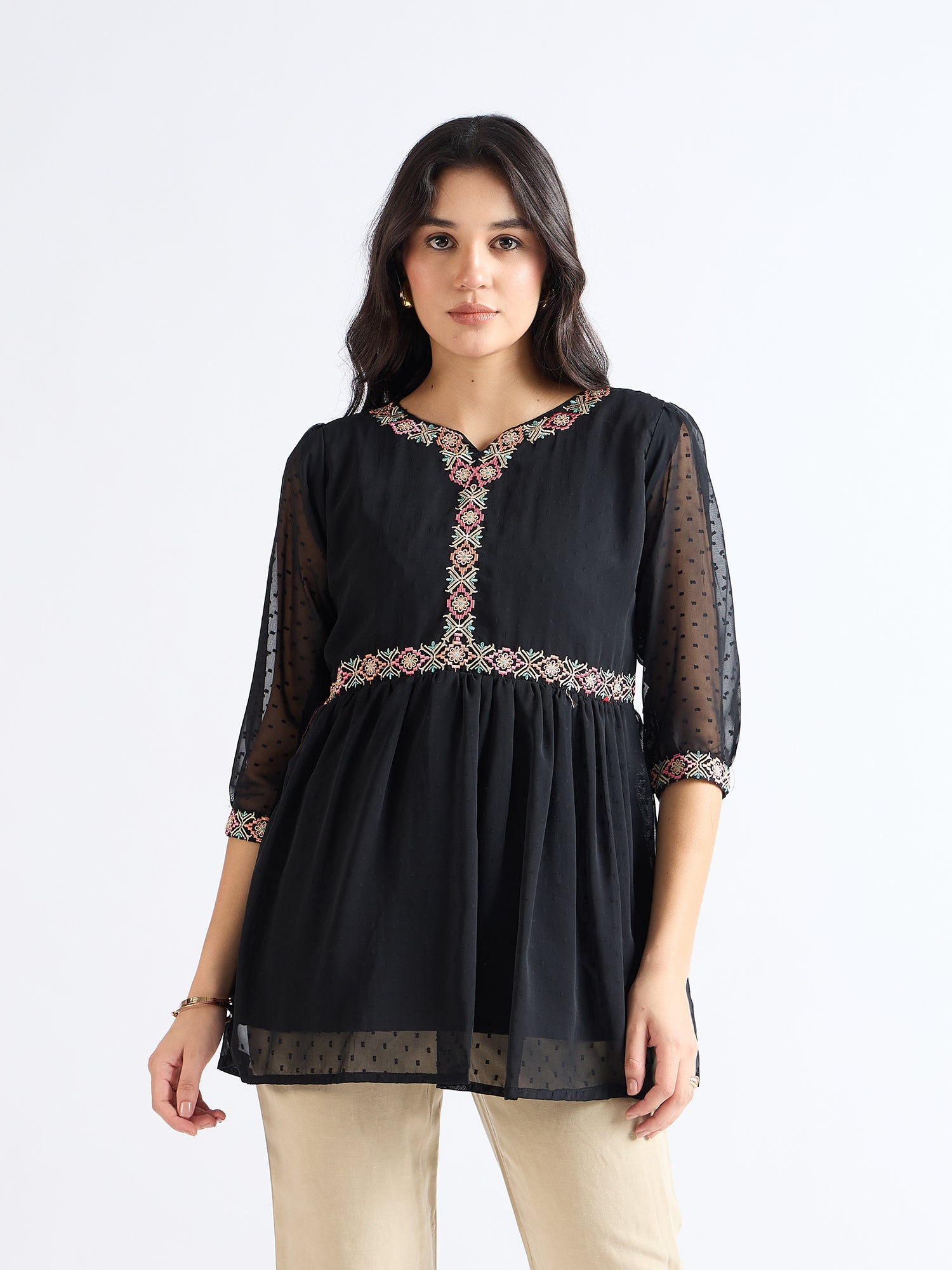 All Yours Night Black Embroidered Blouson Top Front_1
