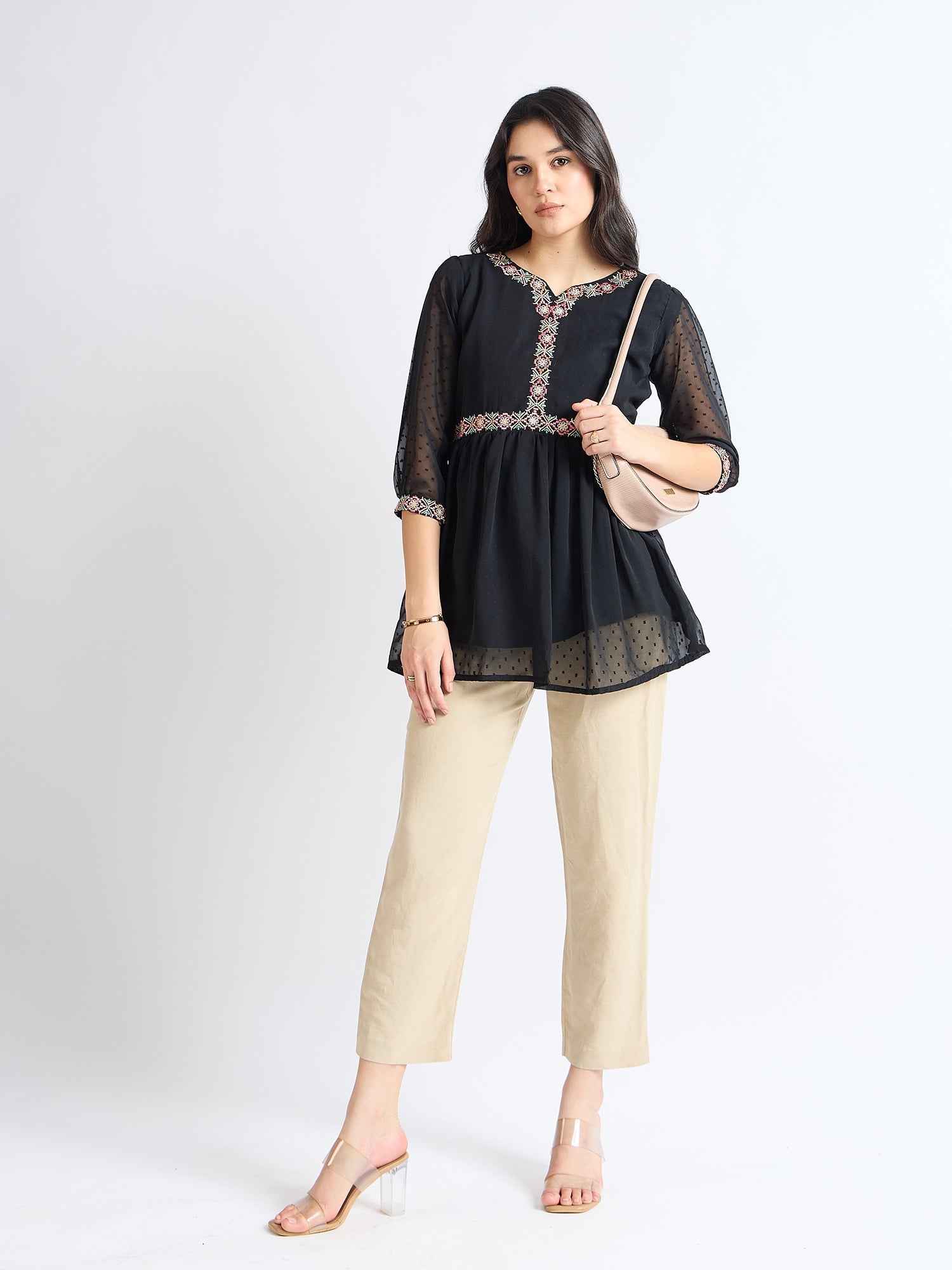 All Yours Night Black Embroidered Blouson Top Front_2