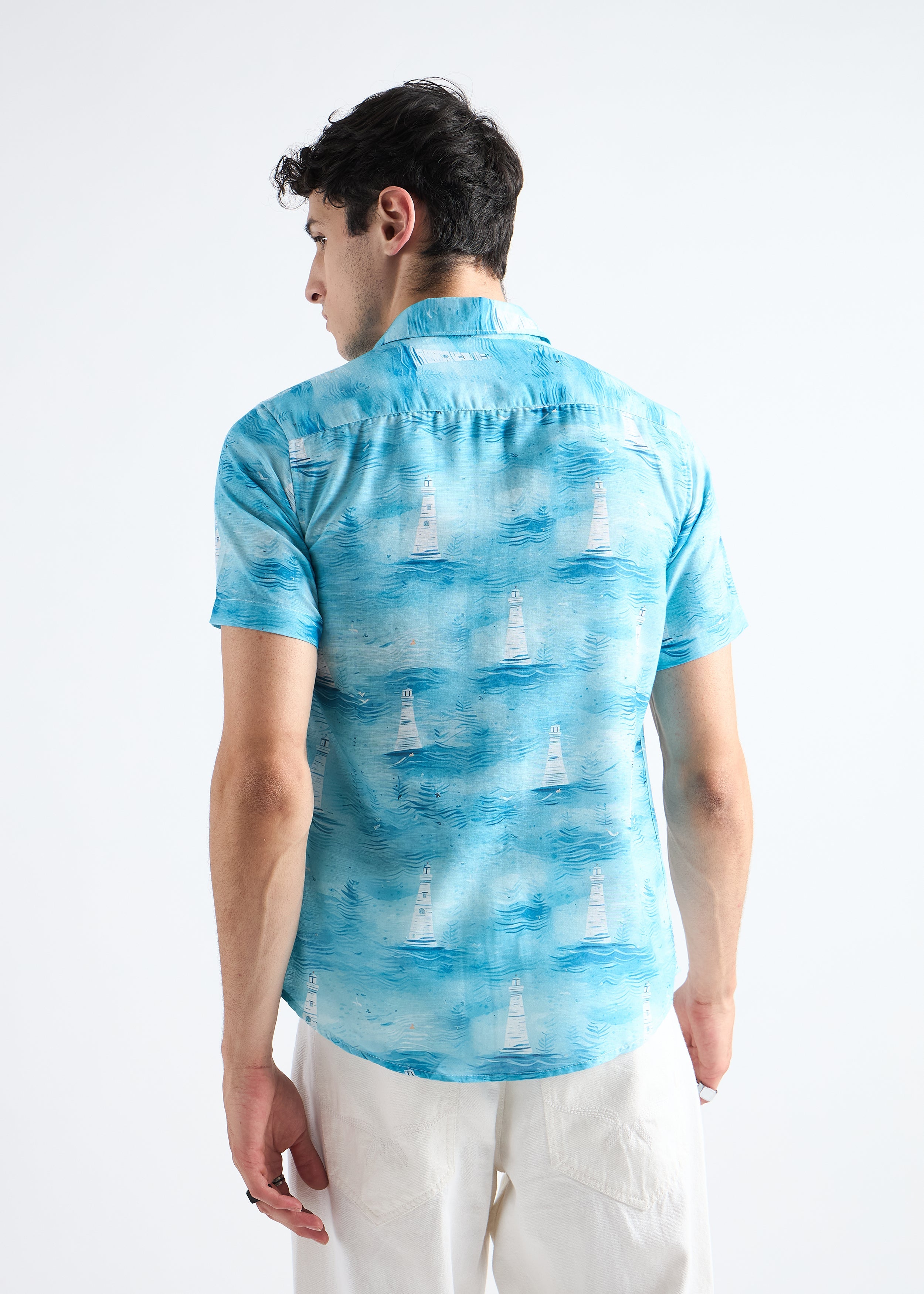 All Yours Ocean blue Nautical Linen Blend Shirt Back