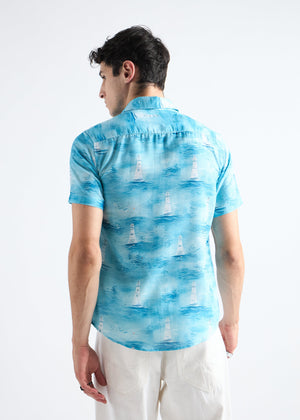 All Yours Ocean blue Nautical Linen Blend Shirt Back