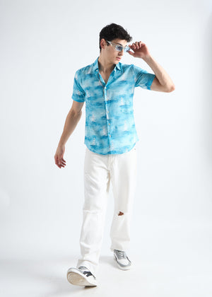 All Yours Ocean blue Nautical Linen Blend Shirt Front_2