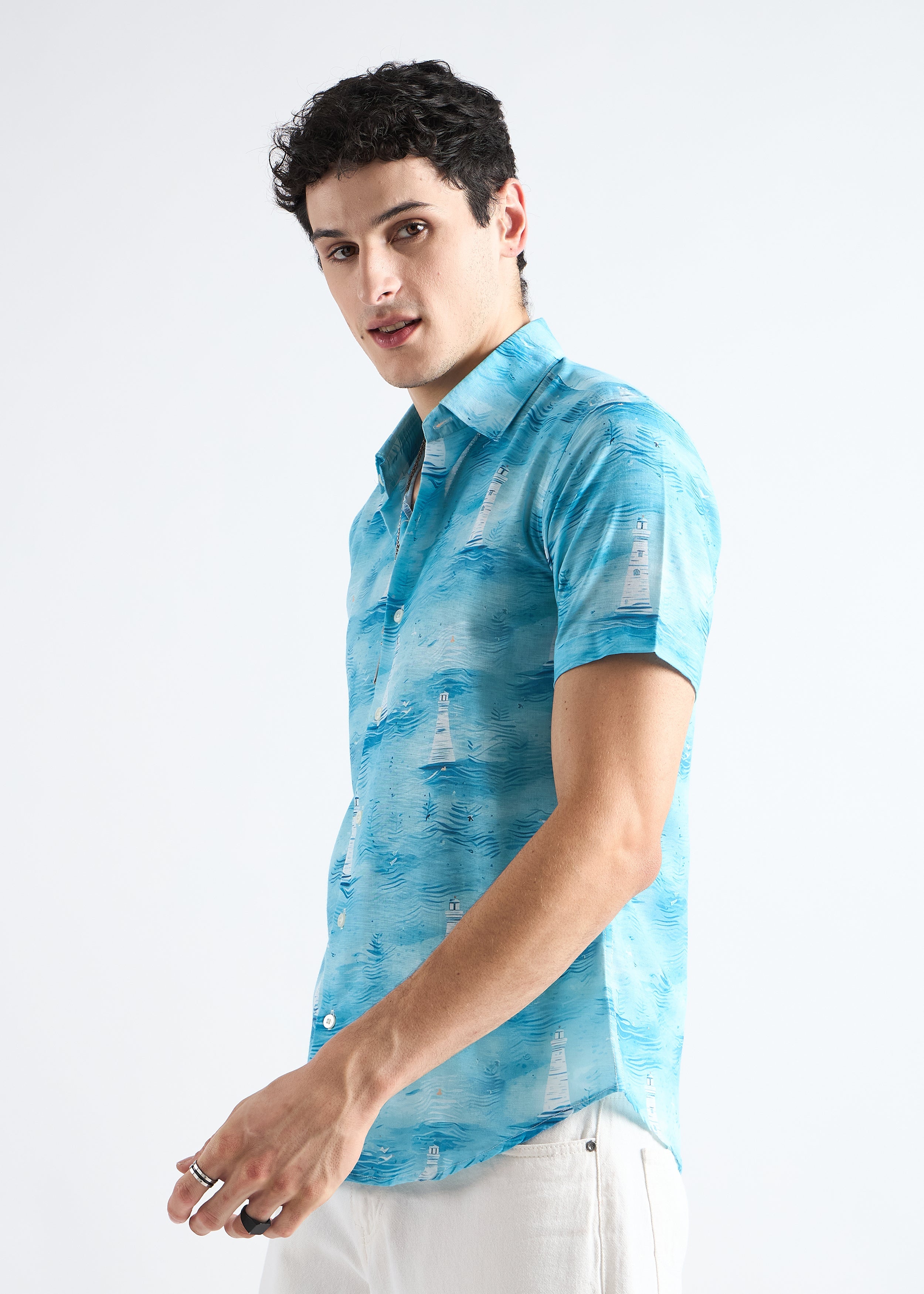 All Yours Ocean blue Nautical Linen Blend Shirt Side