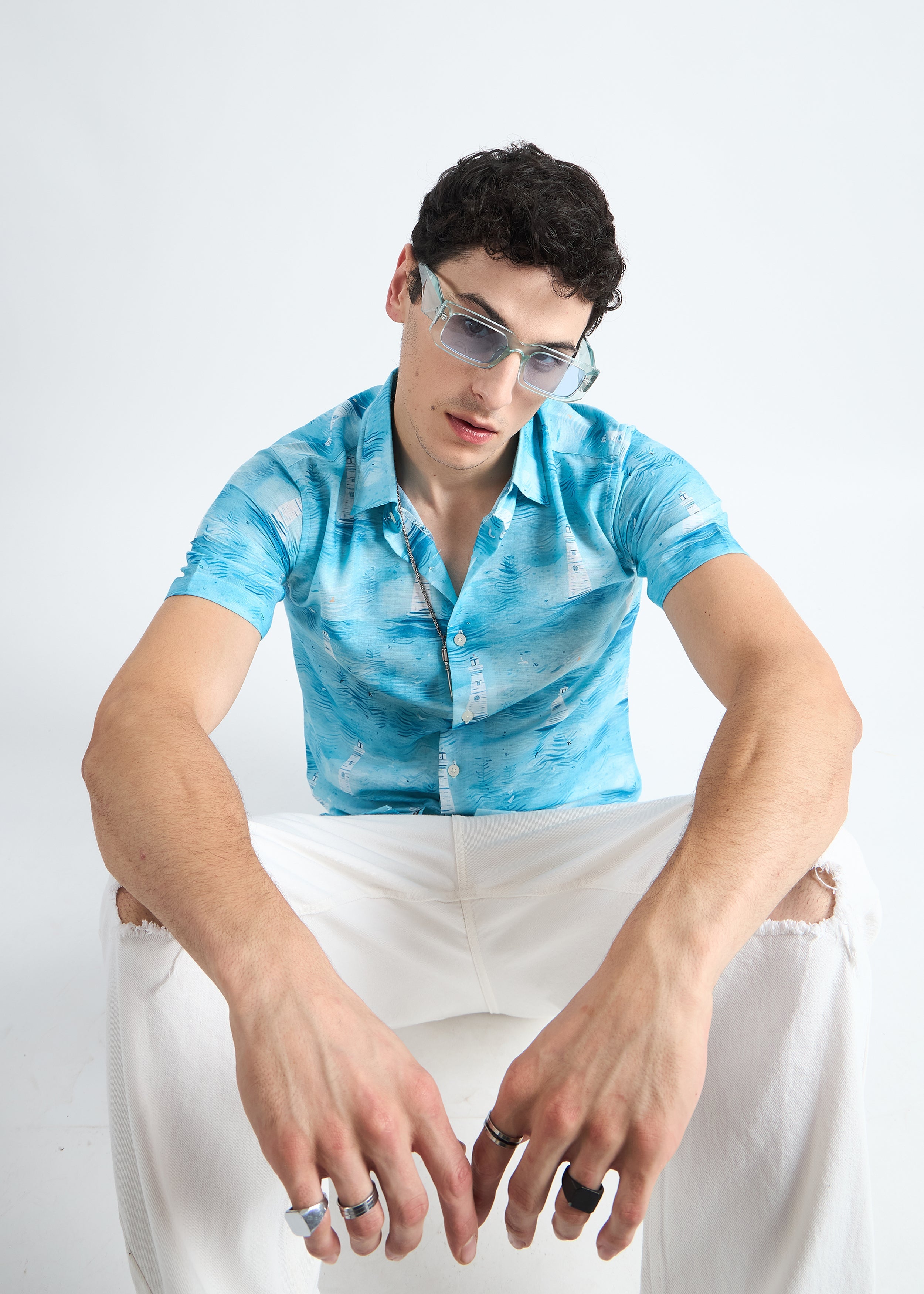 All Yours Ocean blue Nautical Linen Blend Shirt Sitting