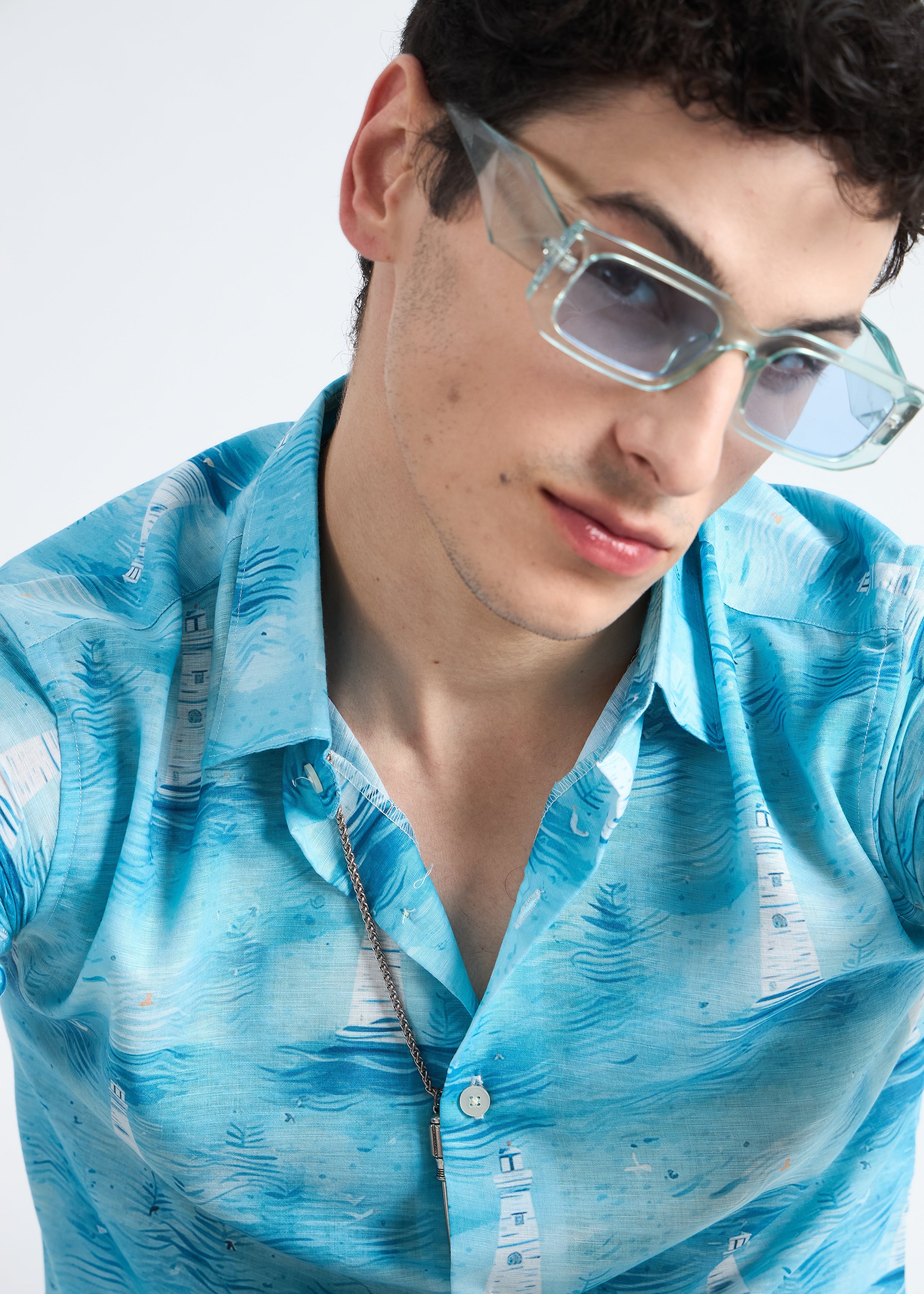 All Yours Ocean blue Nautical Linen Blend Shirt Zoom