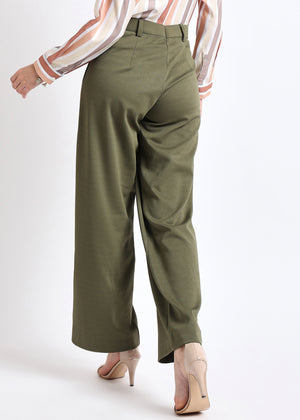 All Yours Olive Solid Front Pleated Trouser Back