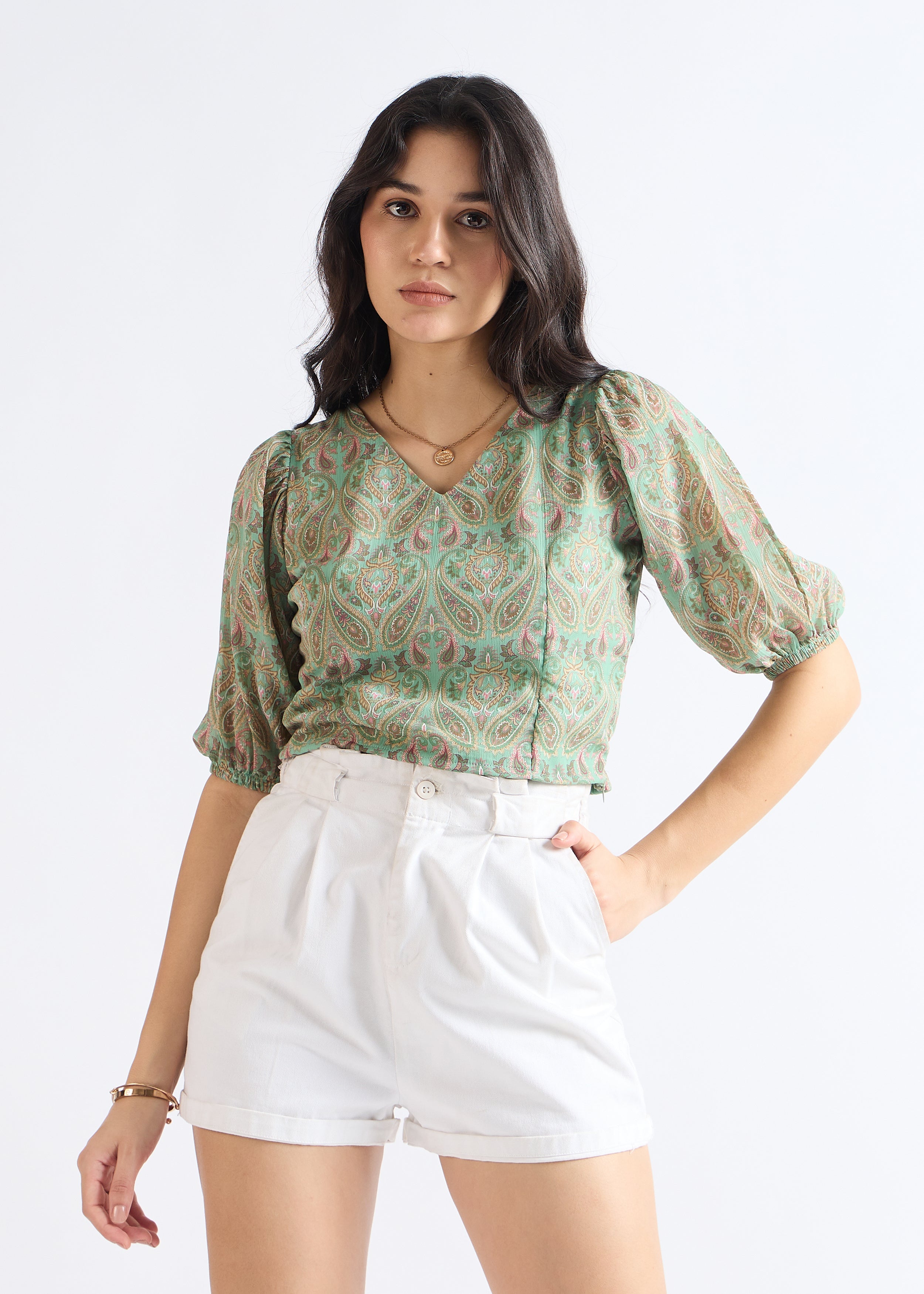 All Yours Pale Green Ethnic Puff Sleeve Top Front_1