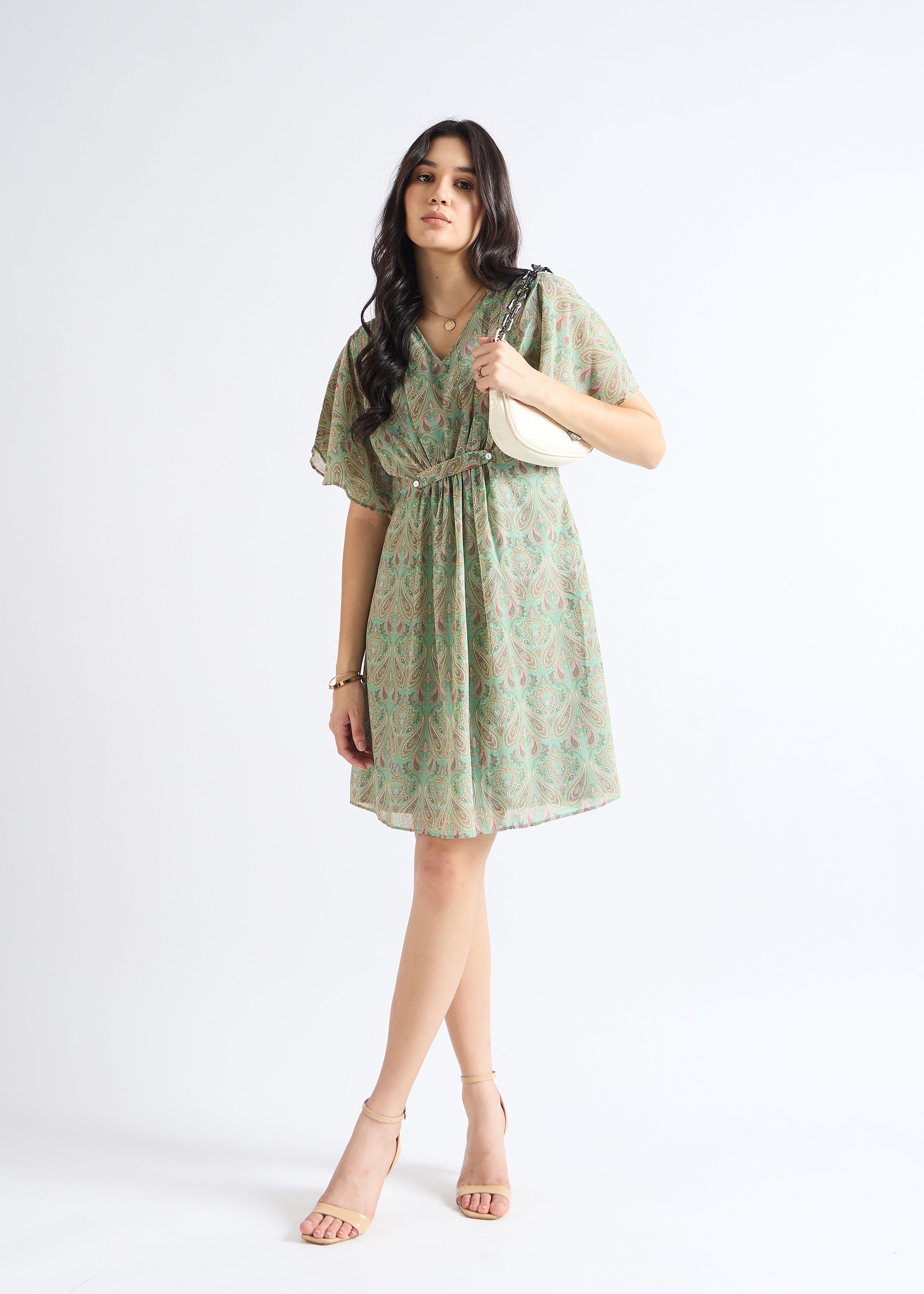 All Yours Pale Green Paisley Print Fit and Flare Dress Front_2