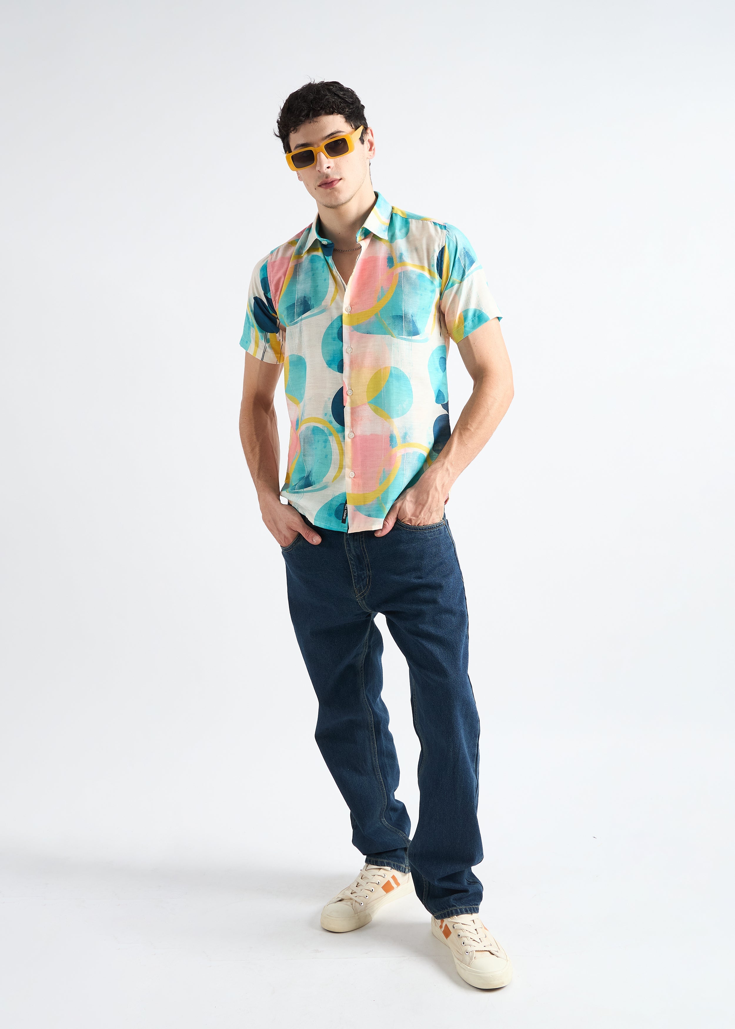 All Yours Peachy Aqua Haze Abstract Linen Blend Shirt Front_2