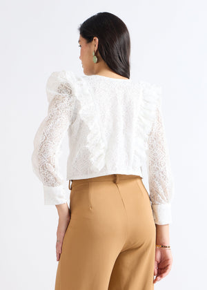 All Yours Pearl White Romantic Ruffle Top Sitting