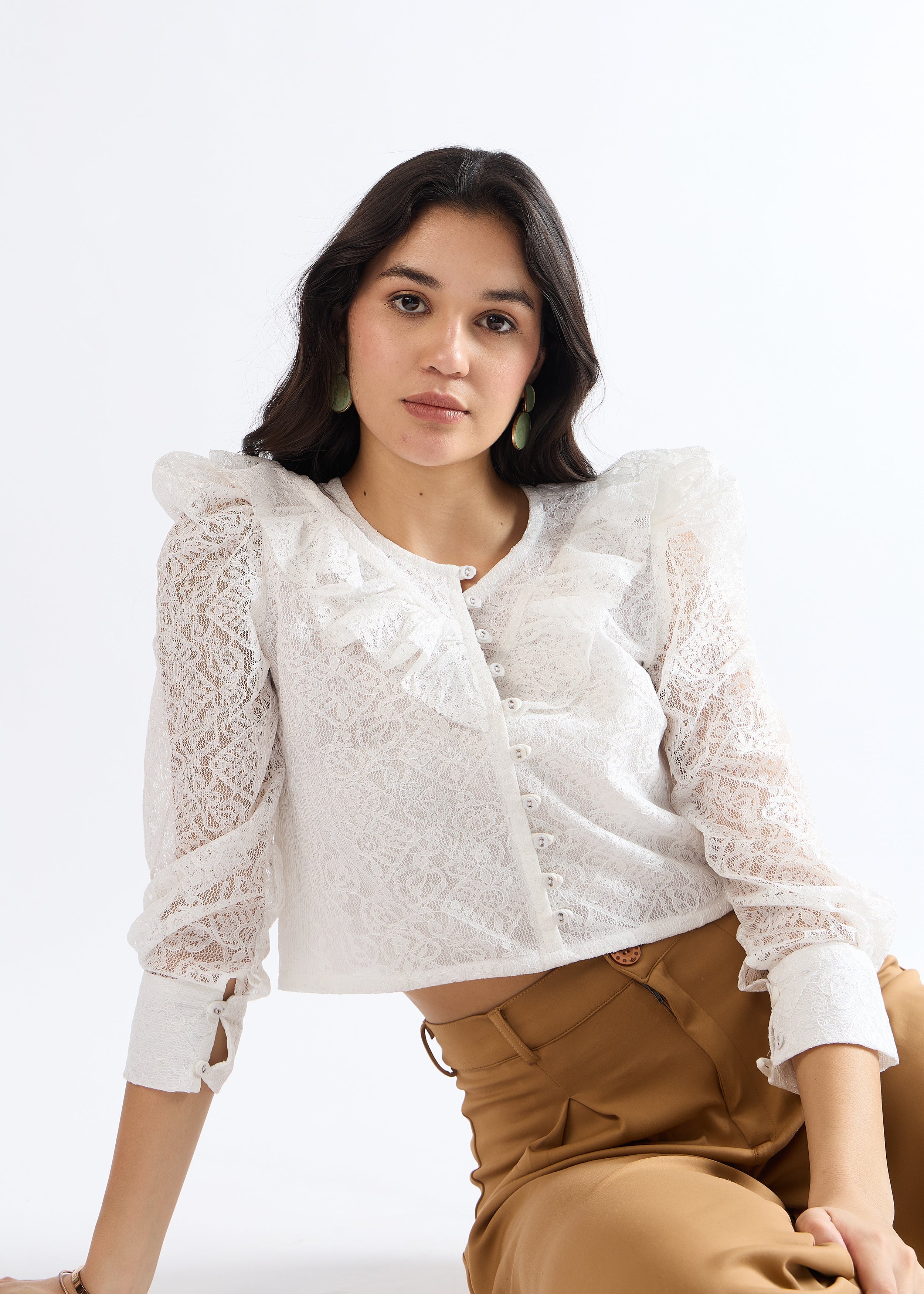 All Yours Pearl White Romantic Ruffle Top Sitting