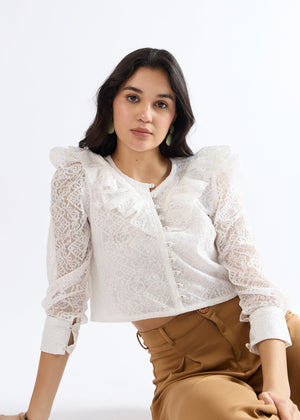 All Yours Pearl White Romantic Ruffle Top Sitting
