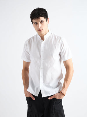 All Yours Pearl white  Mandarin Collar Linen Shirt Front_1
