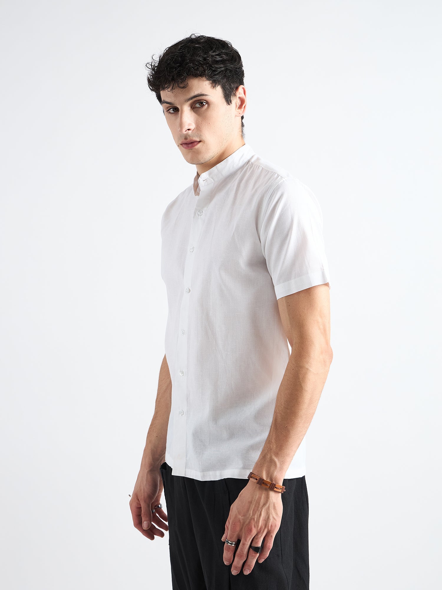 All Yours Pearl white  Mandarin Collar Linen Shirt Side