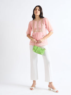 All Yours Pink Daisy Embroidered Floral Top Front_2