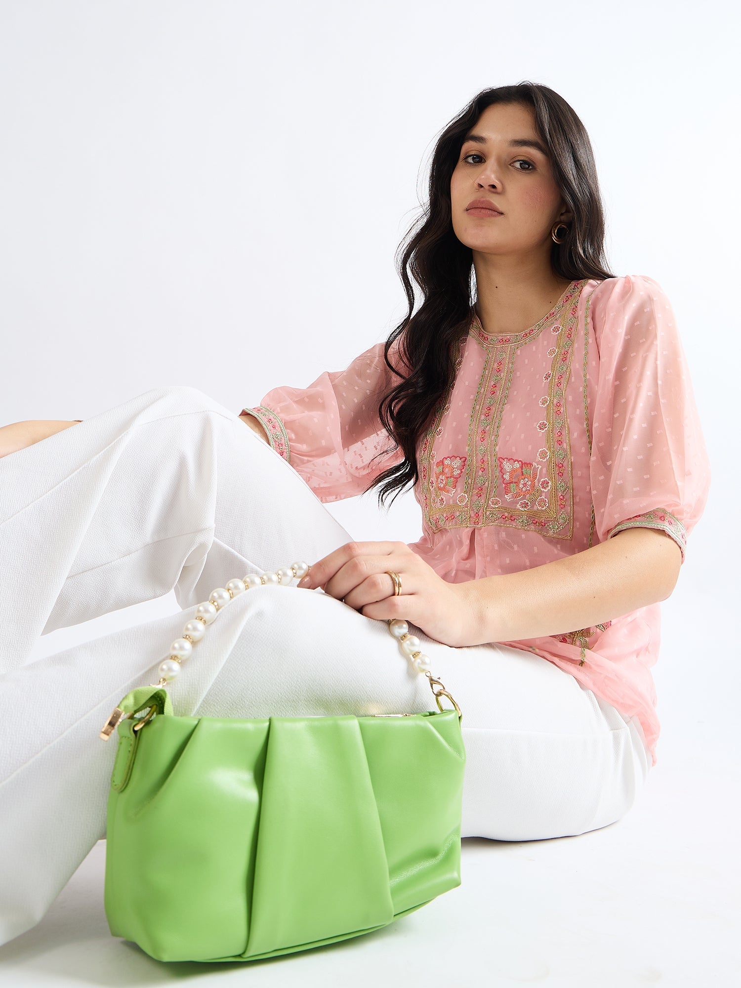 All Yours Pink Daisy Embroidered Floral Top Sitting_1