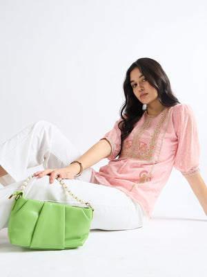 All Yours Pink Daisy Embroidered Floral Top Sitting_2