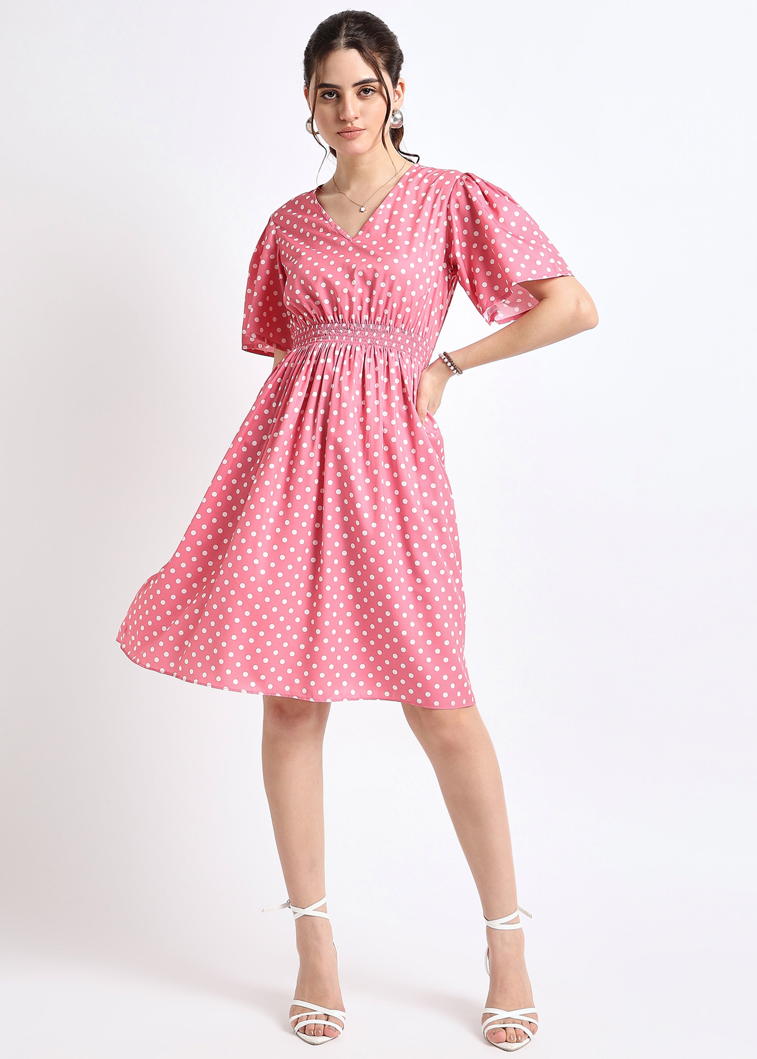 All Yours Pink Polka Dot Smocked Dress Front_1