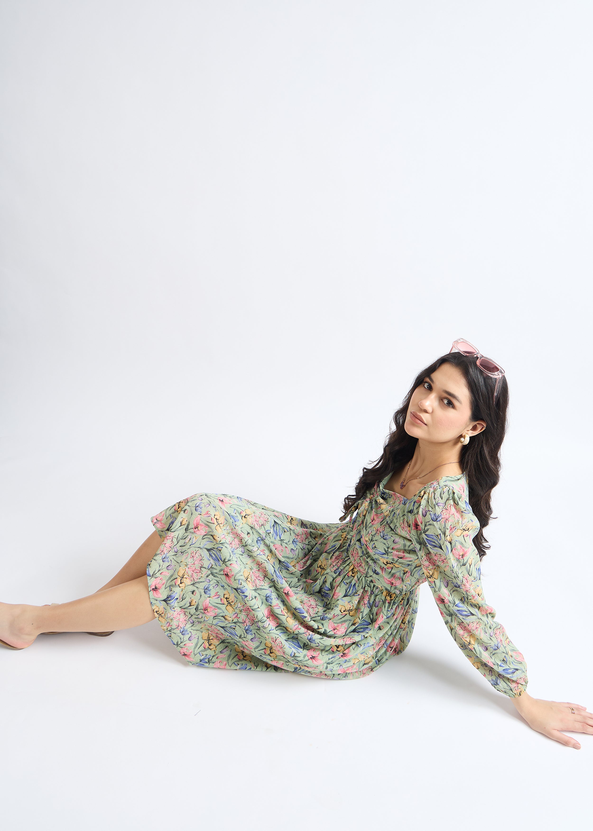 All Yours Pistachio Floral Fantasy Fit & Flare Midi Dress Sitting