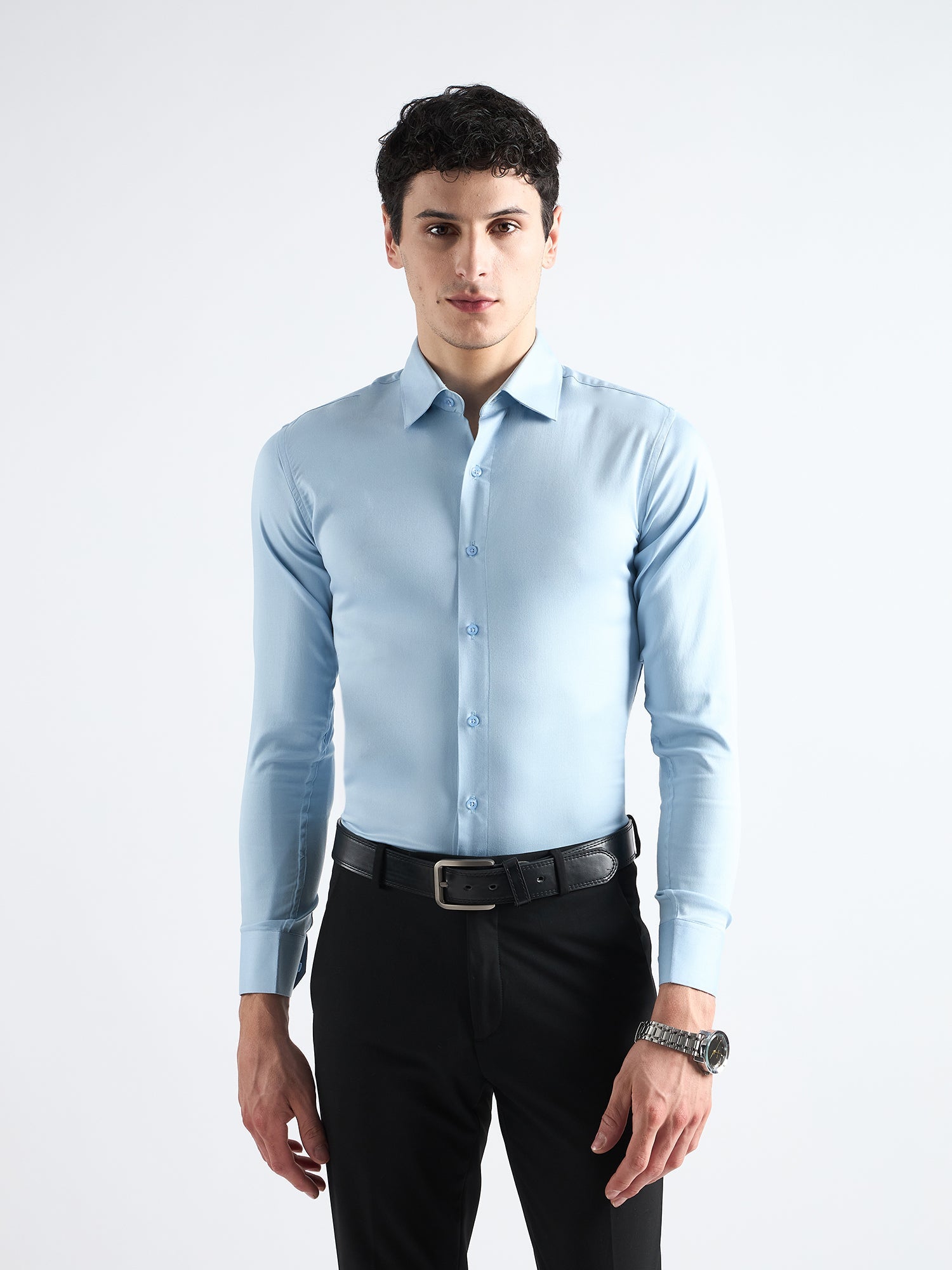 All Yours Sky blue Plain Twill Stretchable Shirt Front_1