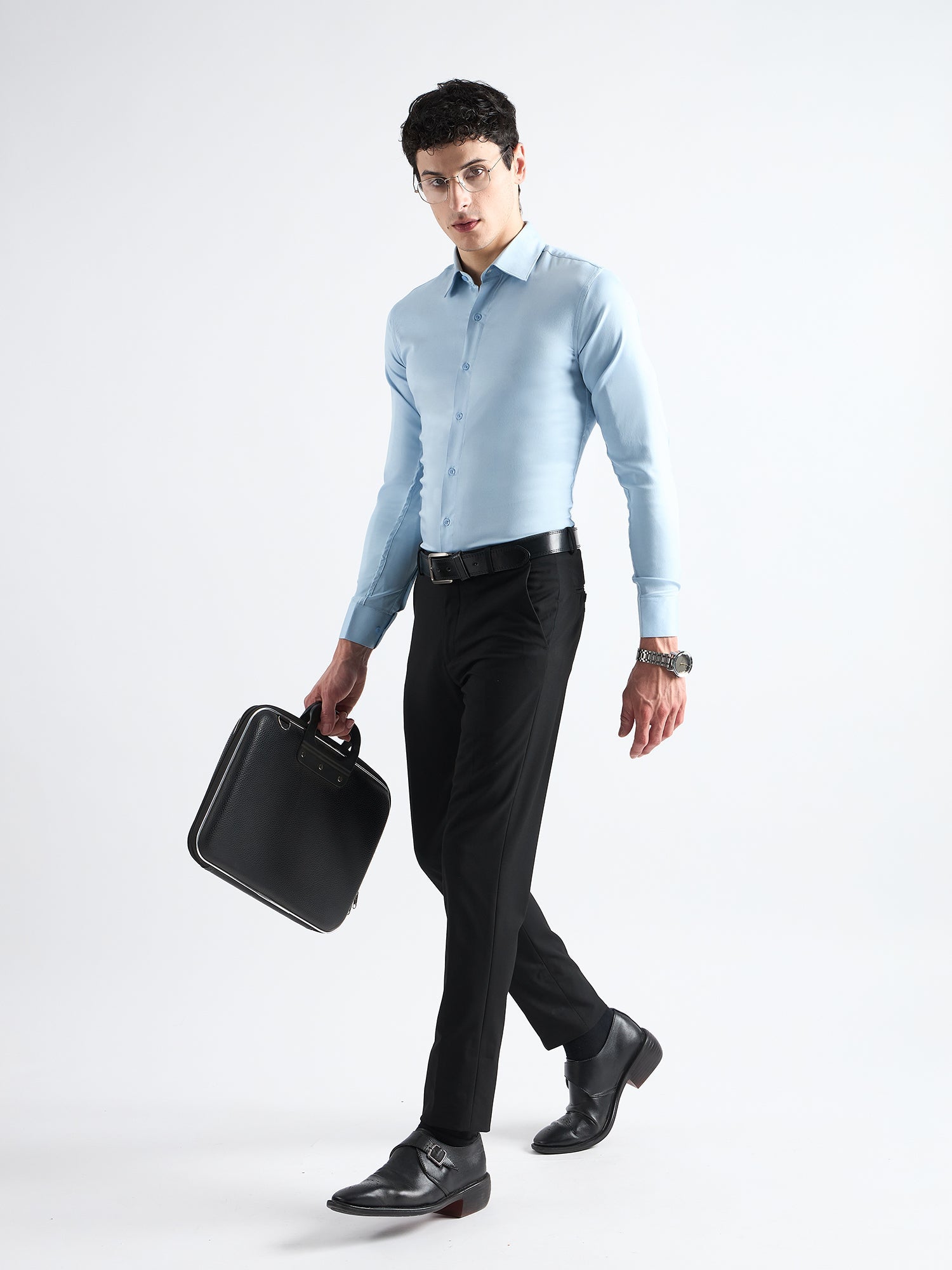 All Yours Sky blue Plain Twill Stretchable Shirt Front_2