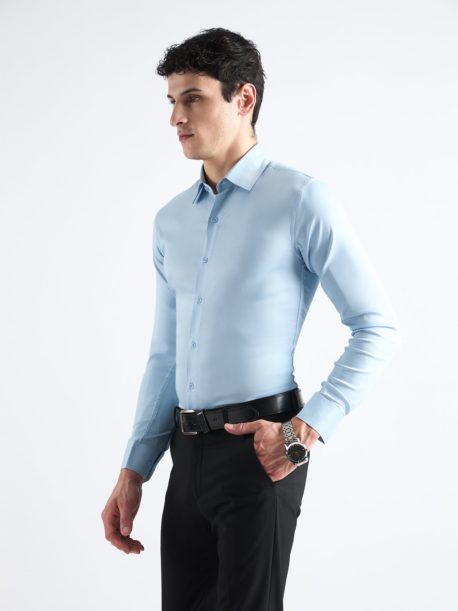 All Yours Sky blue Plain Twill Stretchable Shirt Side