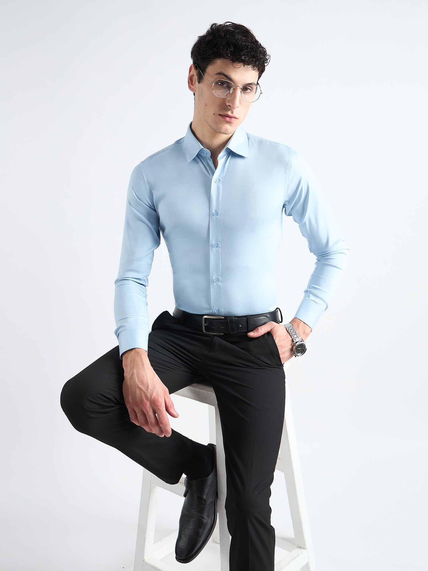 All Yours Sky blue Plain Twill Stretchable Shirt Sitting