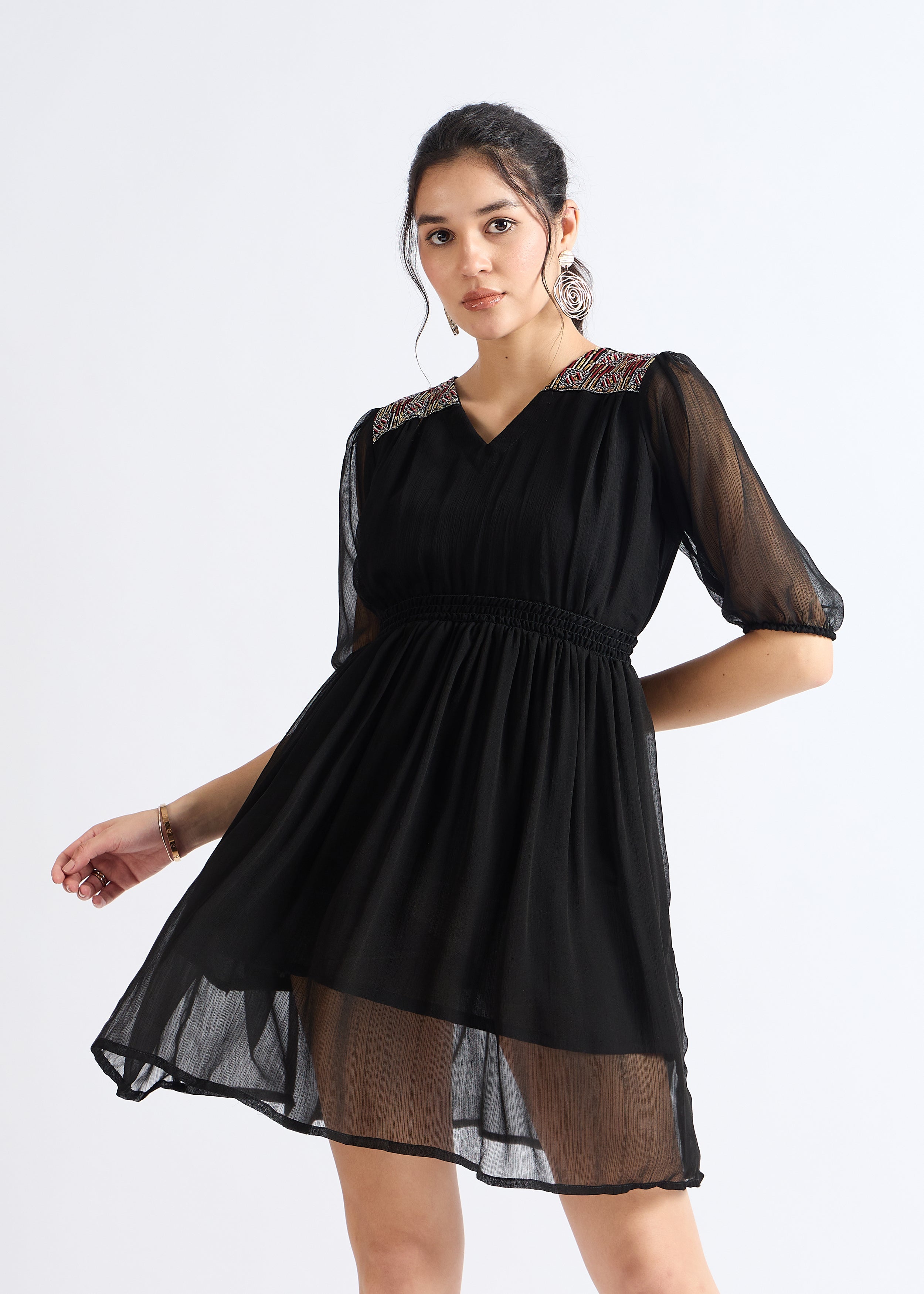 All Yours Smoky Black Embellished Georgette Mini Dress Front_1