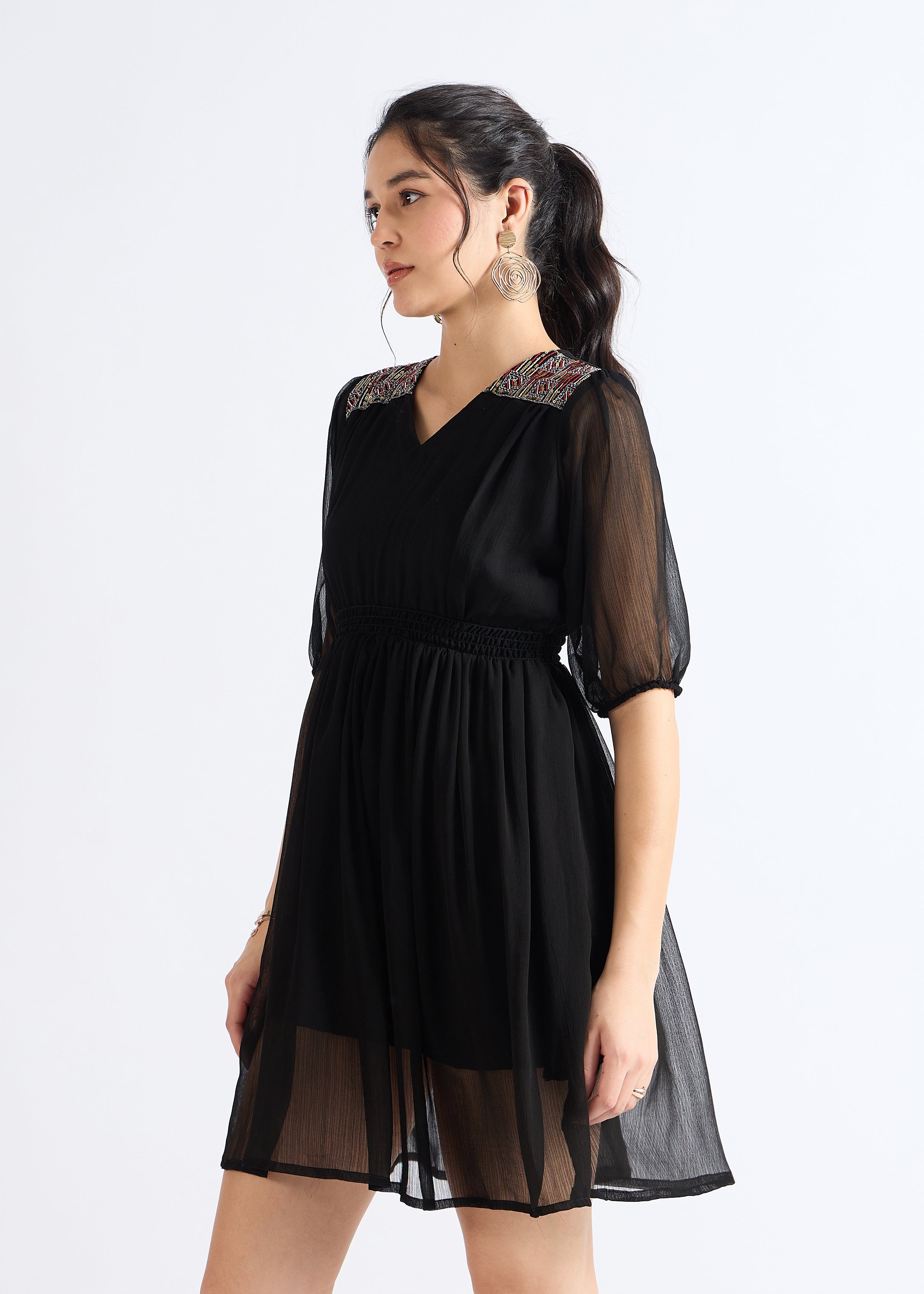 All Yours Smoky Black Embellished Georgette Mini Dress Side