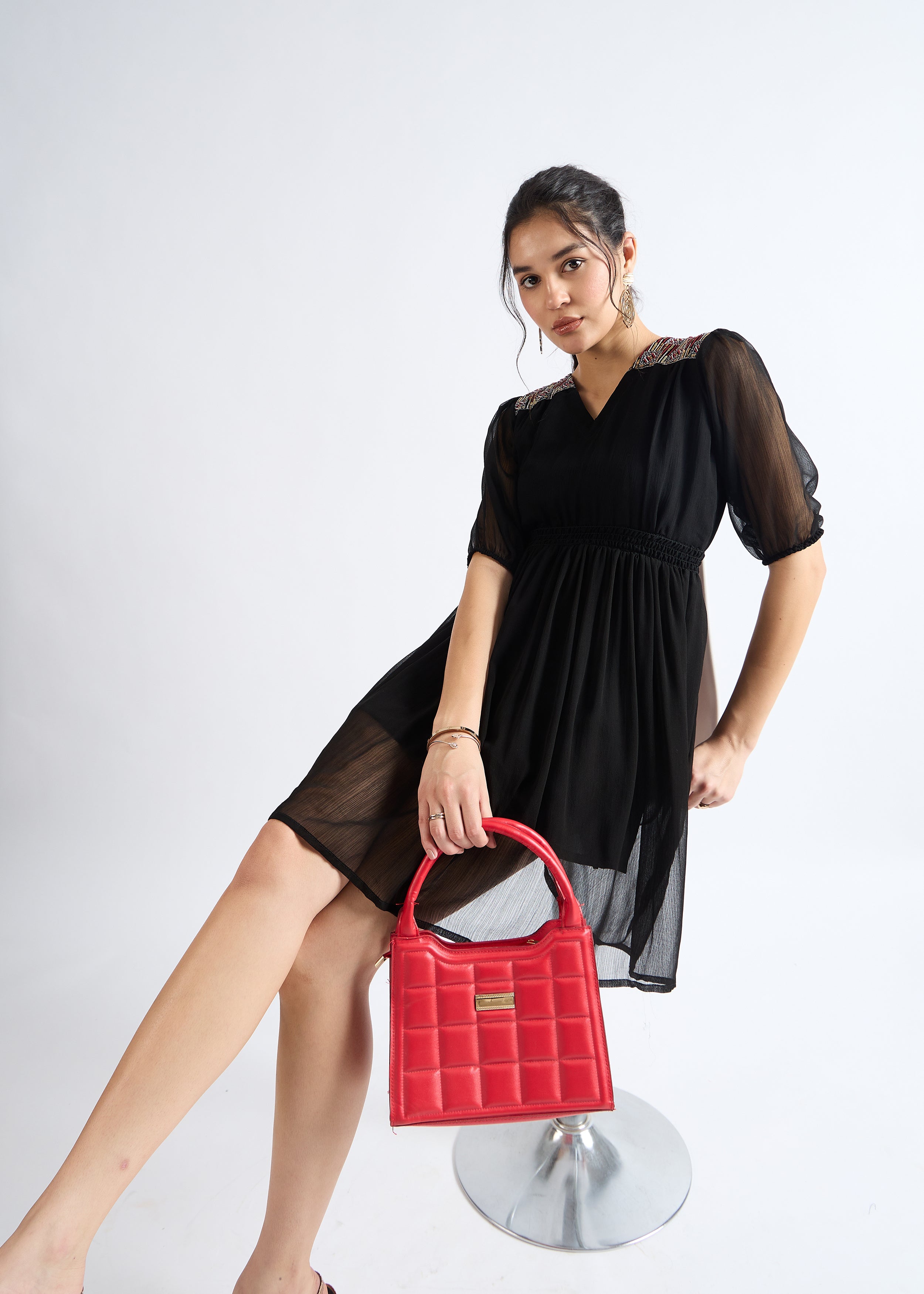 All Yours Smoky Black Embellished Georgette Mini Dress Sitting_2