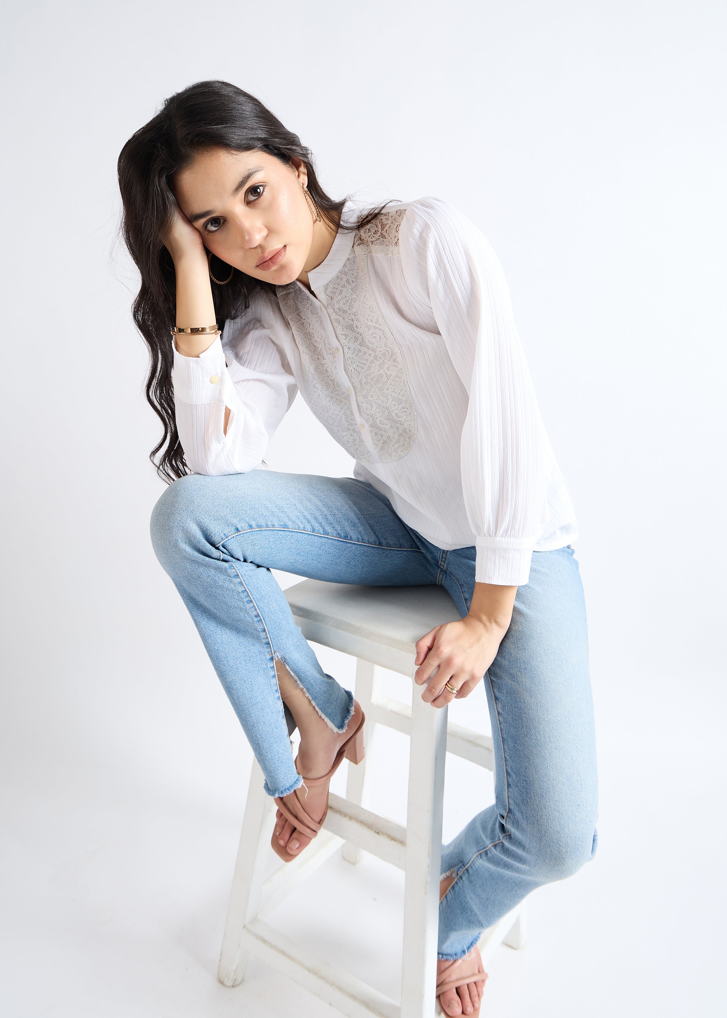 All Yours Stellar White Mandarin Lace-Up Blouse Sitting