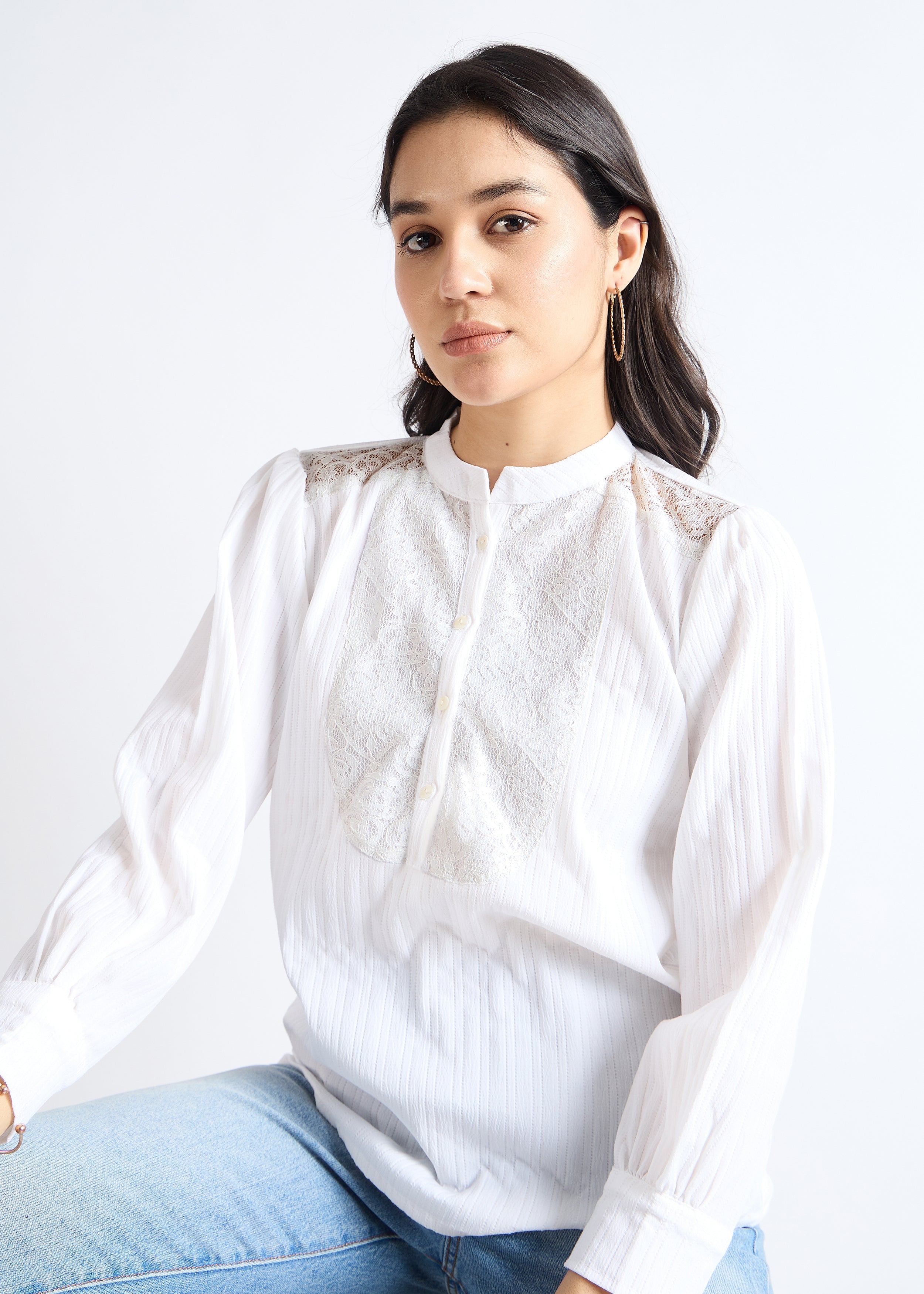 All Yours Stellar White Mandarin Lace-Up Blouse Zoom