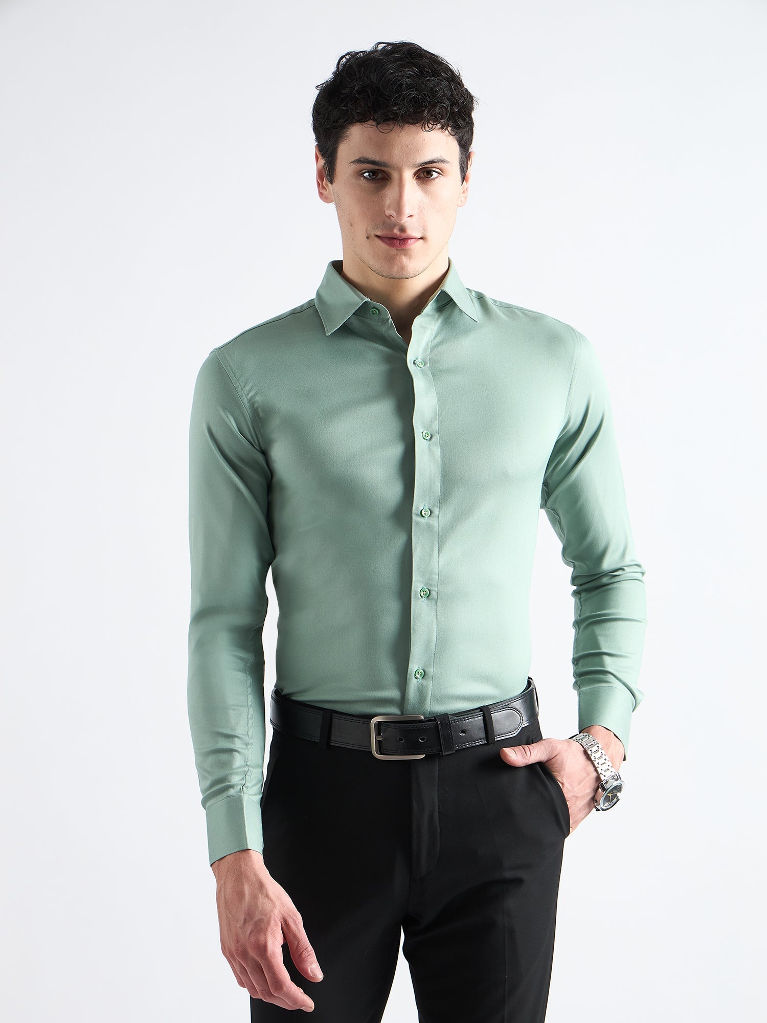 All Yours Viridian Green  Twill Stretch Cotton Shirt Front_1