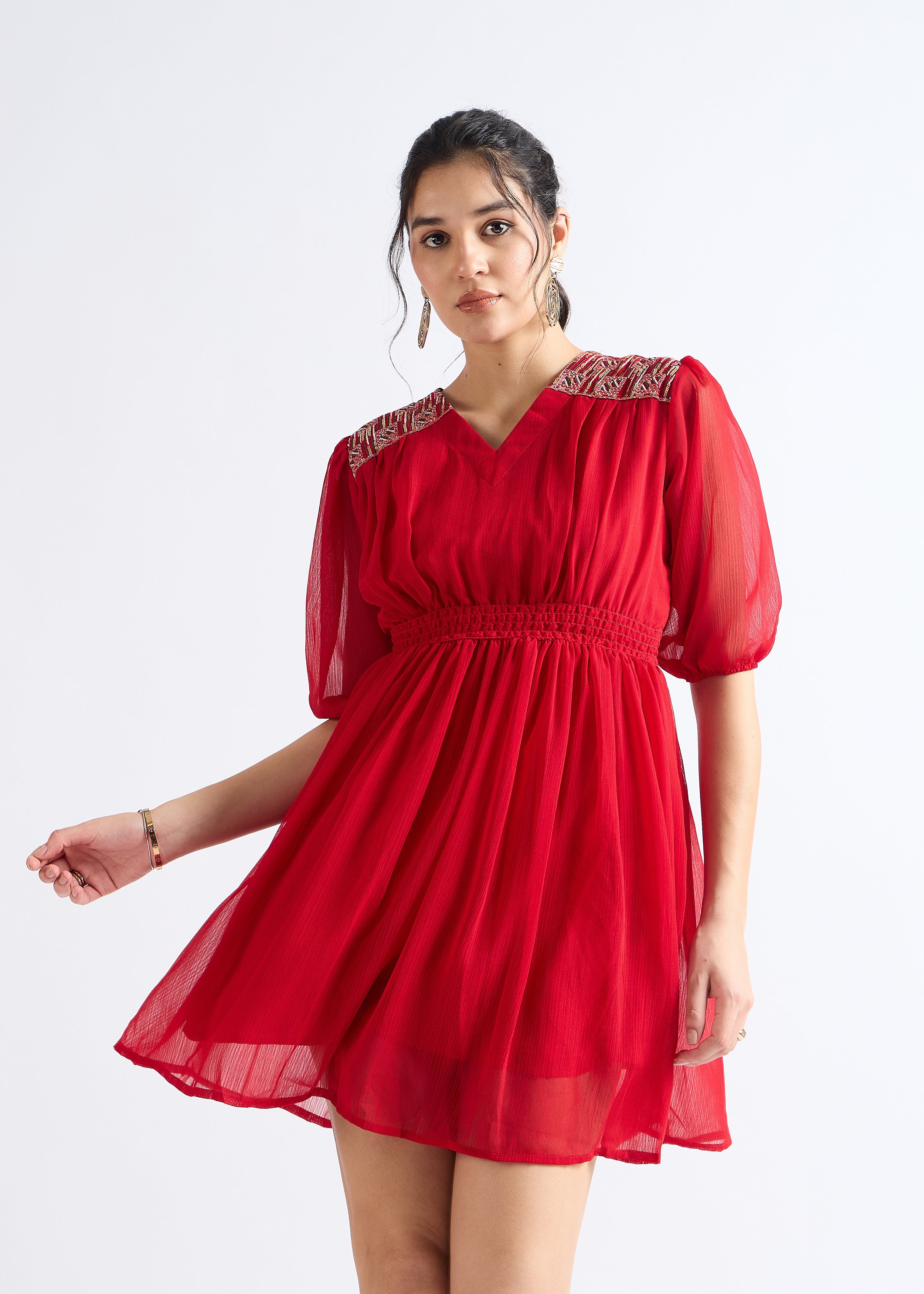 All Yours Vivid Burgundy Embellished Georgette Dress Front_1