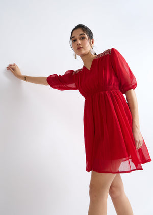 All Yours Vivid Burgundy Embellished Georgette Dress Front_3