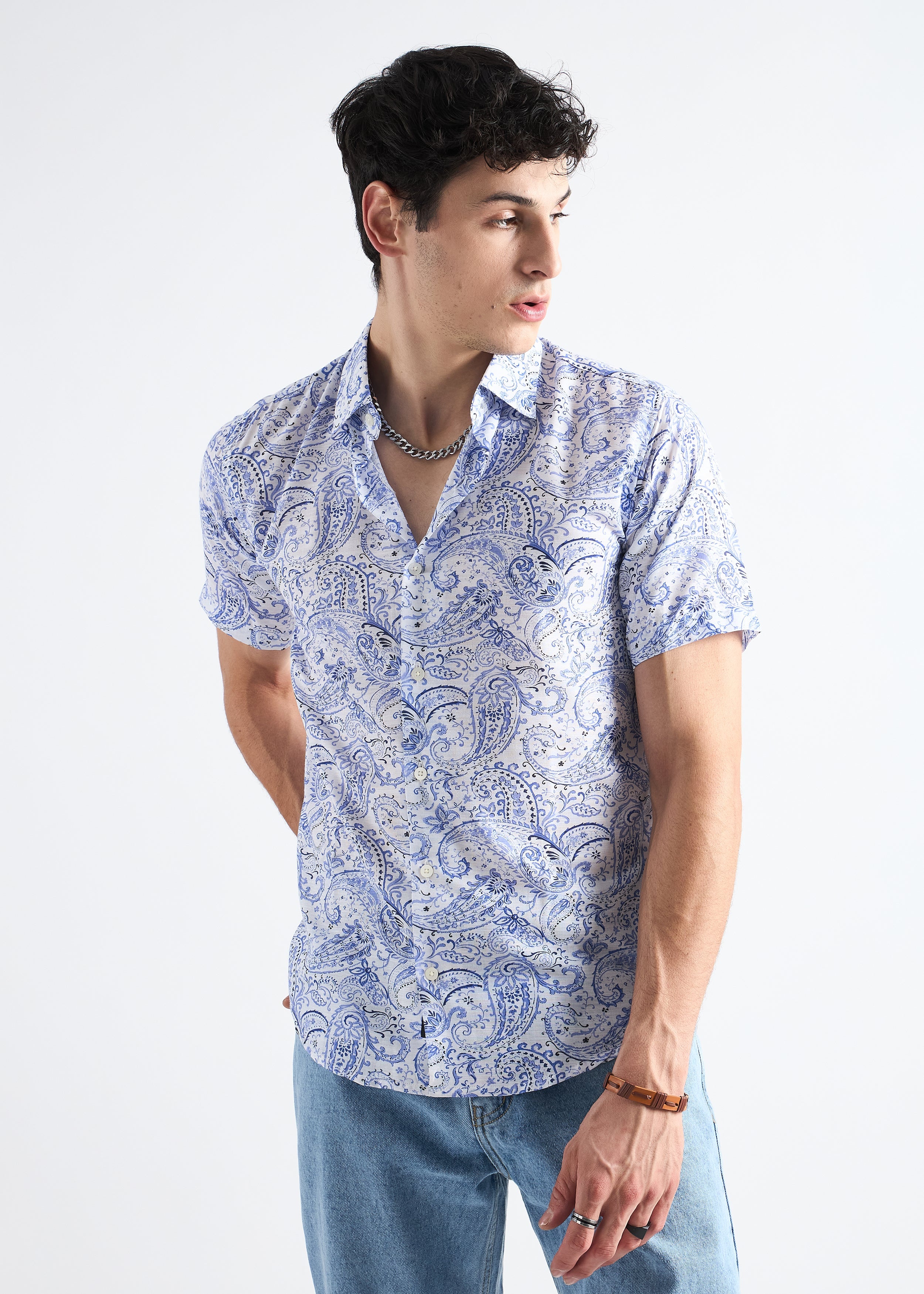 All Yours White  Paisley Linen blend Shirt Front_1