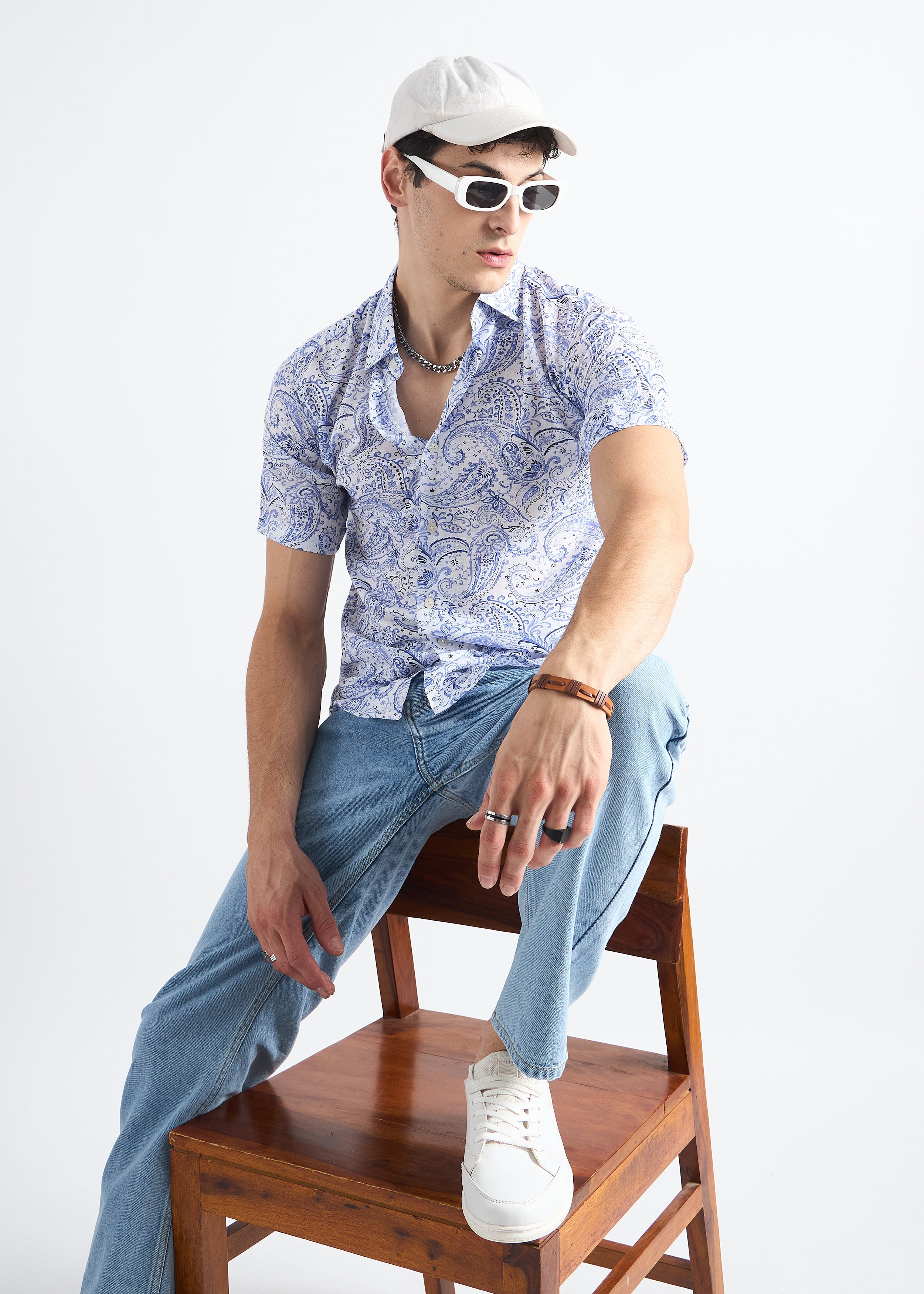 All Yours White  Paisley Linen blend Shirt Sitting