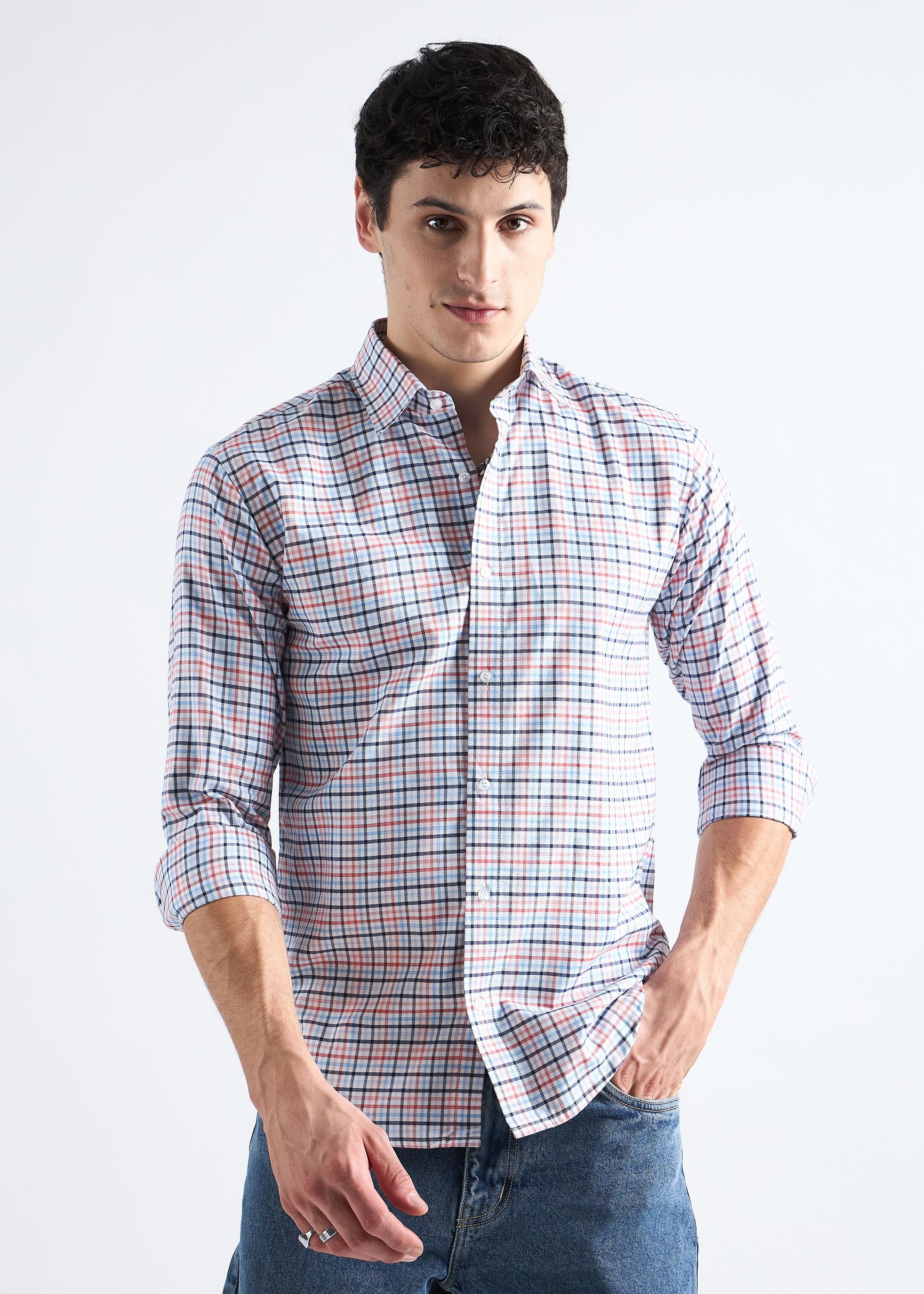 All Yours White Premium Cotton Check Shirt Front_1