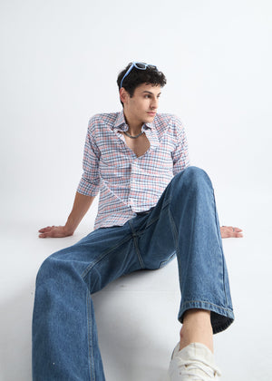 All Yours White Premium Cotton Check Shirt Sitting