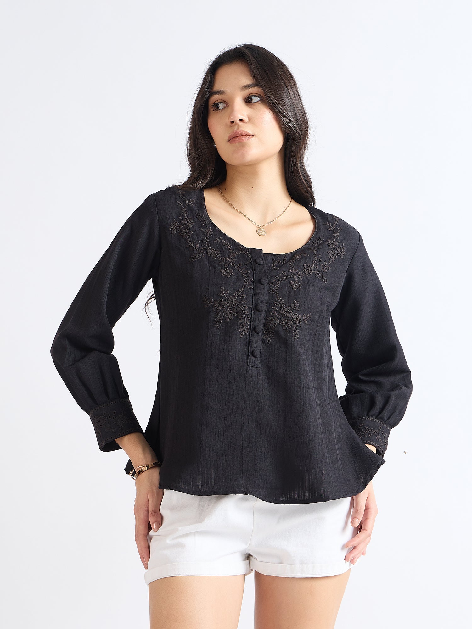 All yours Black Floral Embroidered Blouse Front_1